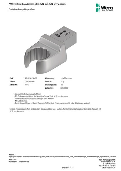 Wera Einsteckringschlüssel 7775 ( 8000377418 ) Schlüsselweite 17 mm 9 x 12 mm