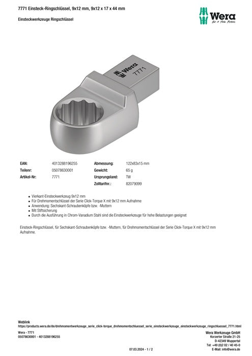 Clé polygonale à insérer Wera 7771 (8000377406), taille de clé 17 mm 9 x 12 mm