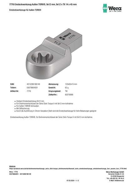 Wera Einsteckschlüssel 7776 ( 8000377440 ) Schlüsselweite TX 14 9 x 12 mm