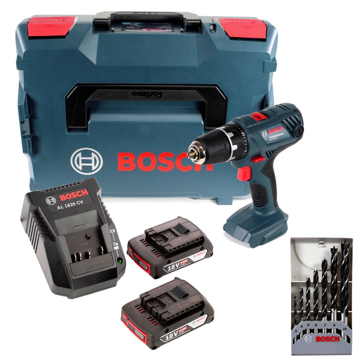 Bosch Professional GSR 18V-21 Akku Bohrschrauber 18V 55Nm + 2x Akku 2,0Ah + Ladegerät + Holzbohrer Set + L-Boxx - Toolbrothers