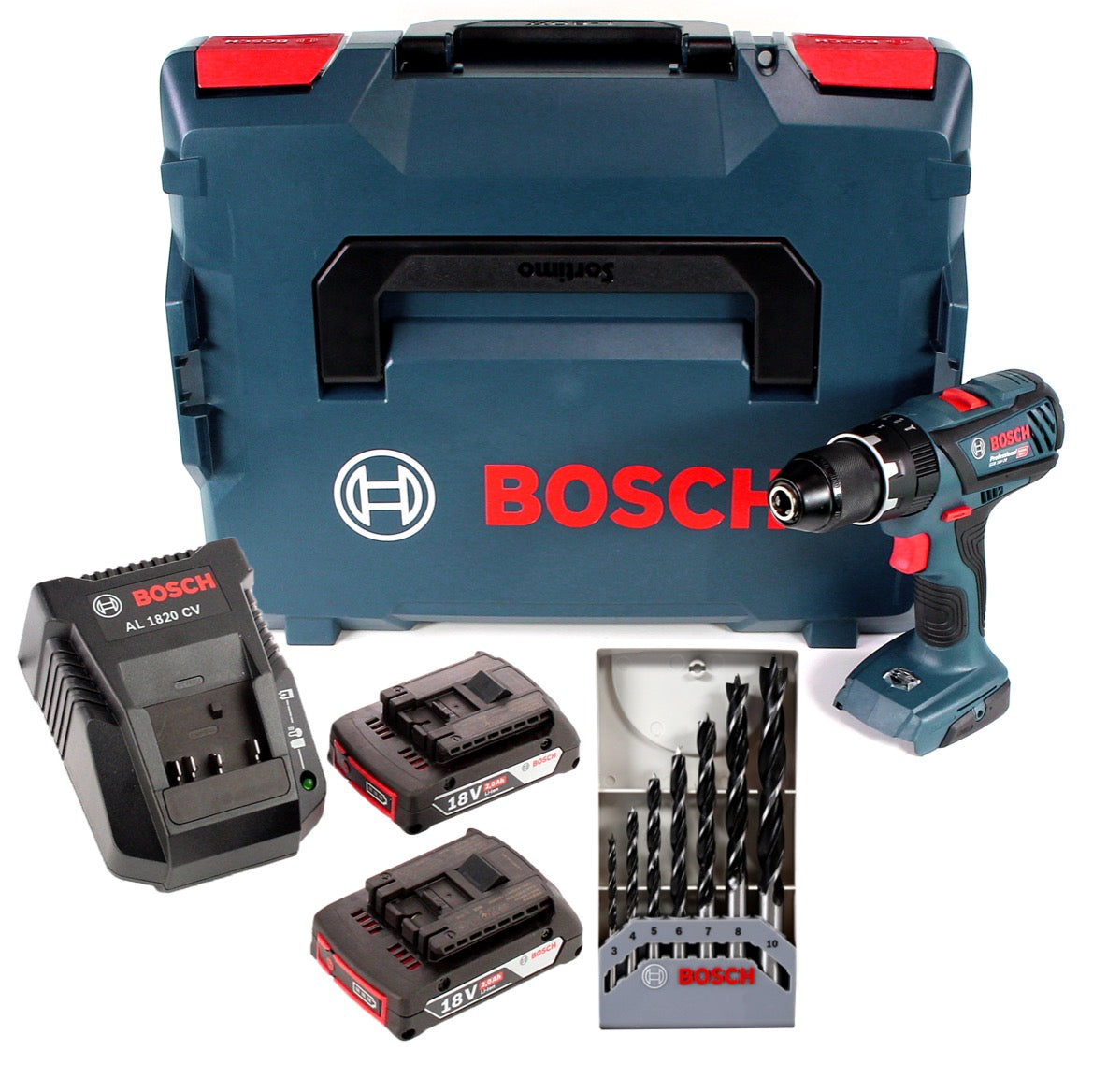 Bosch GSB 18 V-28 Professional 18 V Li-Ion Akku Schlagbohrschrauber in L-Boxx + 2 x 2,0 Ah Akku + Ladegerät + 7 tlg. Holzspiralbohrer Set - Toolbrothers