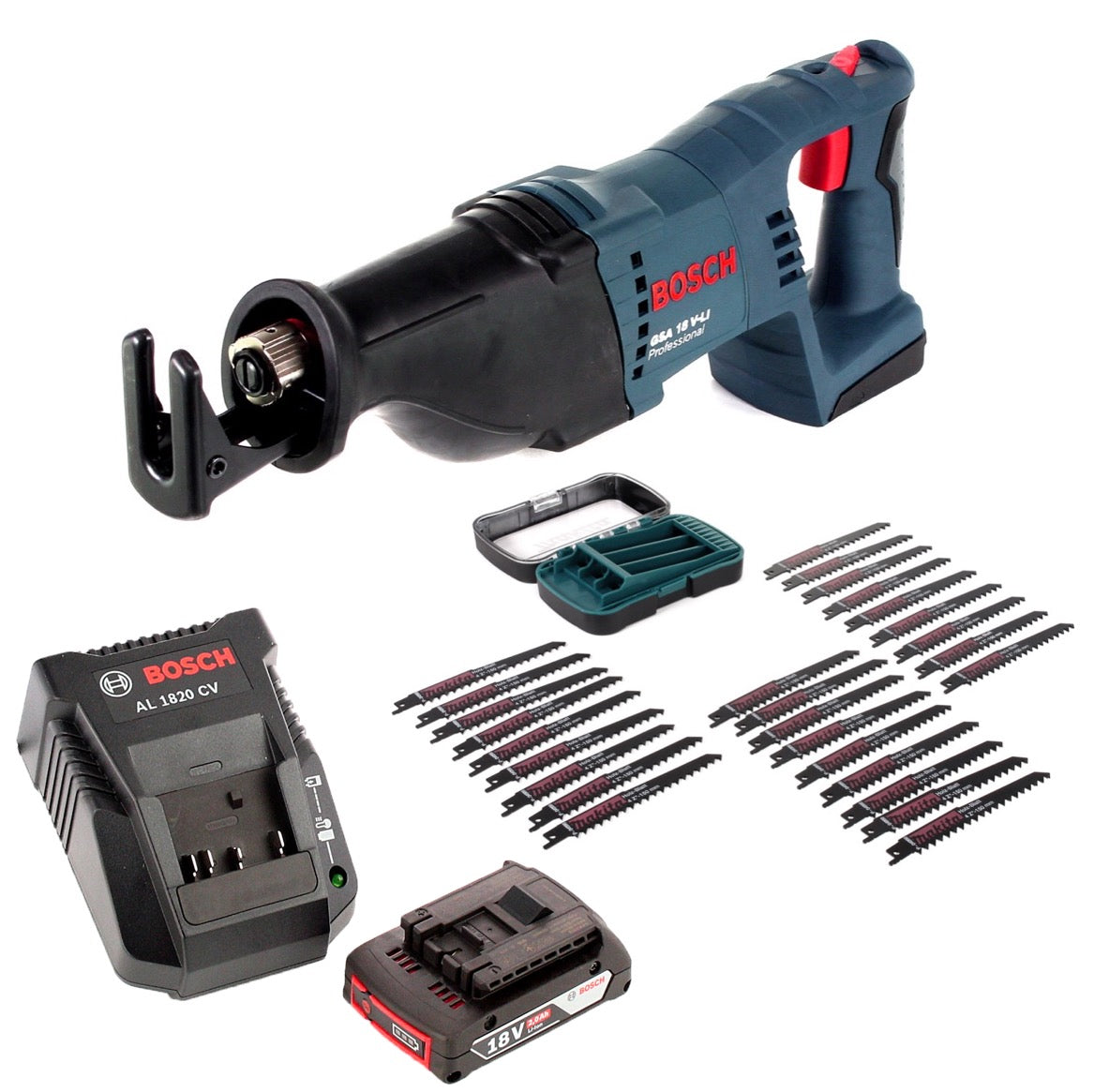 Bosch GSA 18V-Li N Akku Reciprosäge 18V Säbelsäge + 2x Sägeblatt + 27 tlg. Makita Sägeblatt-Set + 1x 2,0 Ah Akku + Ladegerät - Toolbrothers