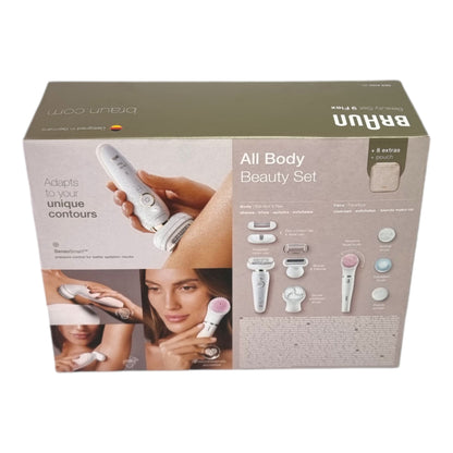 BRAUN Silk-épil 9 Flex 9-100 Beauty-Set Epilierer Damen / Haarentferner + FaceSpa Gesichtsreinigungsbürste + 9 Aufsätze + Tasche weiß / gold