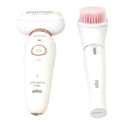 BRAUN Silk-épil 9 Flex 9-100 Beauty-Set Epilierer Damen / Haarentferner + FaceSpa Gesichtsreinigungsbürste + 9 Aufsätze + Tasche weiß / gold