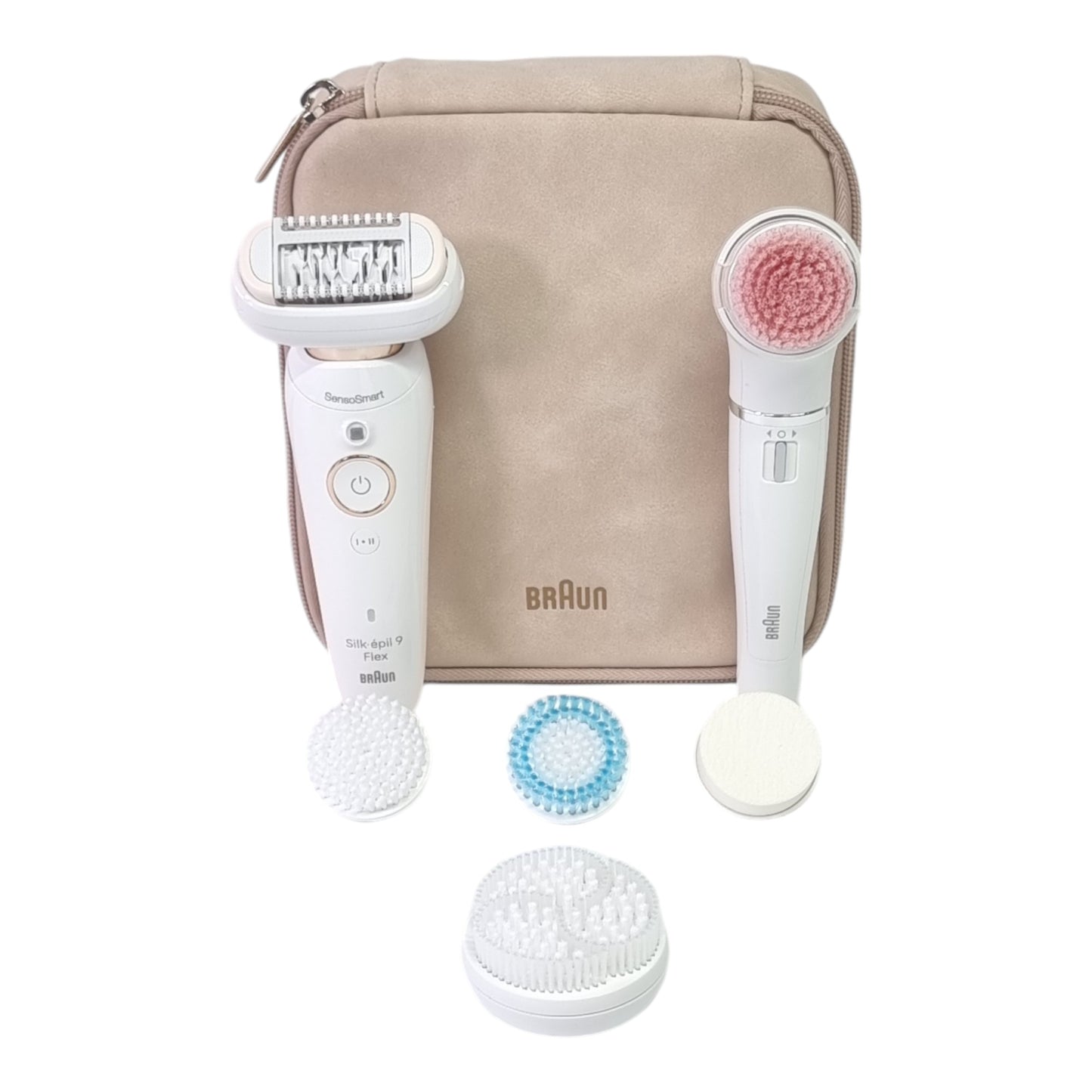 BRAUN Silk-épil 9 Flex 9-100 Beauty-Set Epilierer Damen / Haarentferner + FaceSpa Gesichtsreinigungsbürste + 9 Aufsätze + Tasche weiß / gold