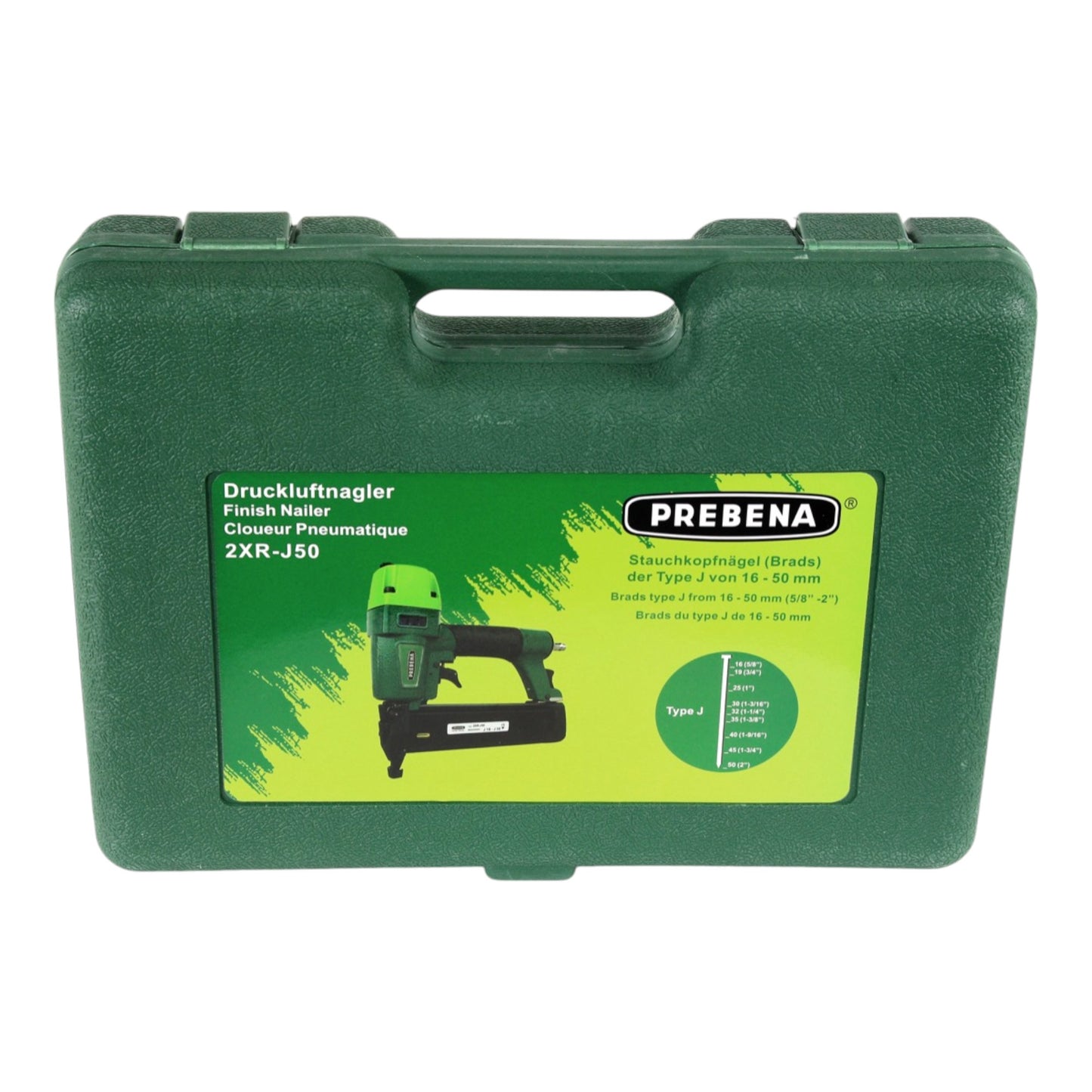 Prebena 2XR-J50 Druckluftnagler 4,0 - 7,0 Bar + PROFI-J-BOX Stauchkopfnägel Brads 12500 Stk. + Koffer