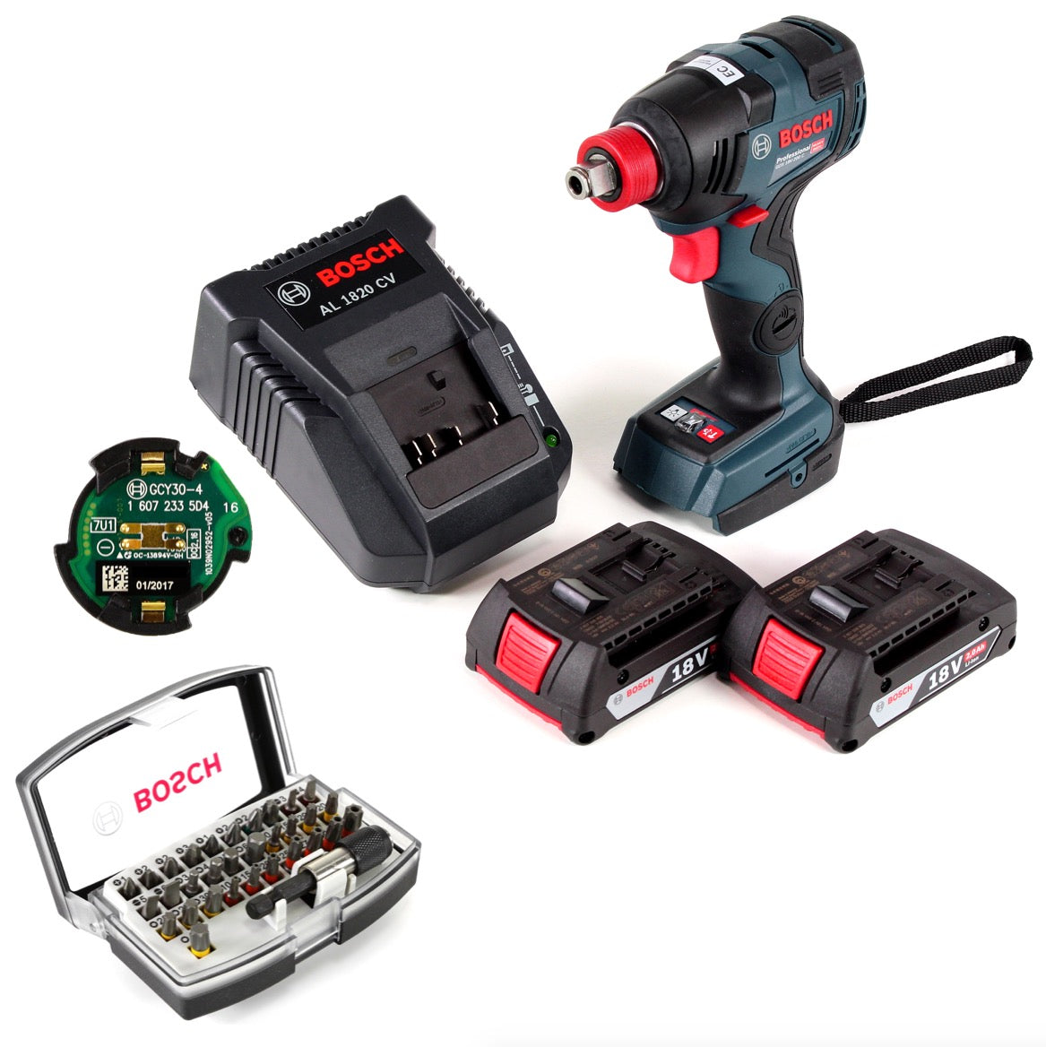 Bosch GDX 18 V-200 C Professional 18 V Li-Ion Akku Drehschlagschrauber + 2 x 2,0 Ah Akku + Lader + 32 tlg. Bit-Set + GCY 30-4 Bluetooth Connectivity Modul - Toolbrothers