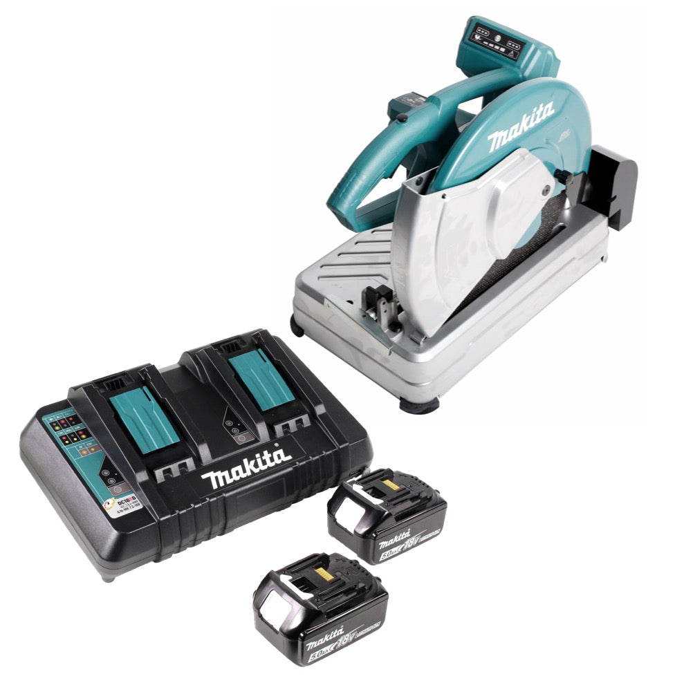 Makita DLW 140 PT Akku Trennschleifmaschine 2 x 18 V 355 mm + 2x 5,0 Ah Akku und Doppelladegerät - Toolbrothers