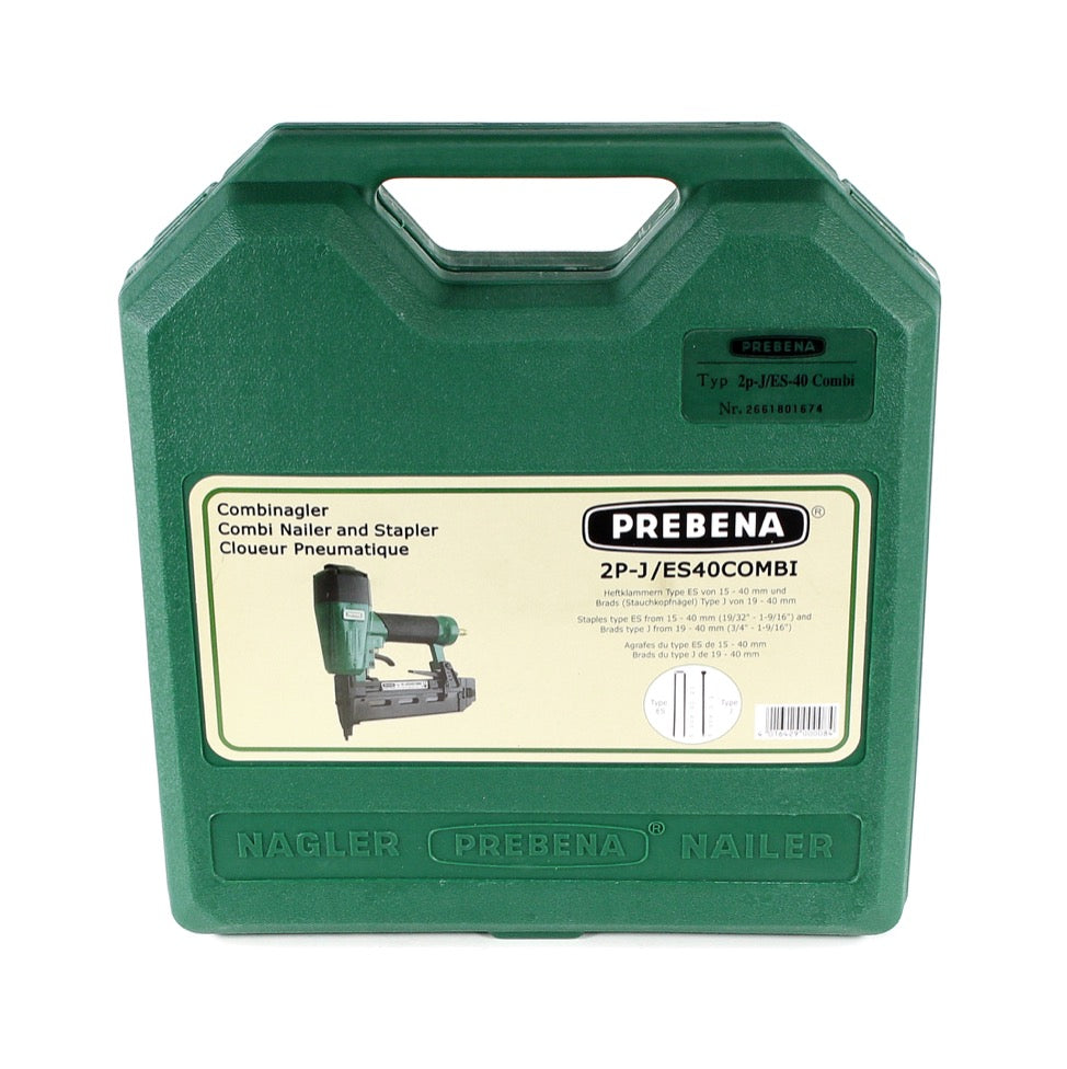 Prebena Druckluftnagler 2P-J/ES 40 COMBI 5 bis 7 Bar - im Transportkoffer + Prebena J 25 CNKHA Stauchkopfnägel Brads 25 mm 5000 Stück - Toolbrothers