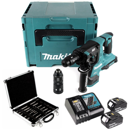 Makita DHR 281 RTJ 2 x 18 V Li-Ion Akku Bohrhammer Brushless 28 mm für SDS-PLUS mit Schnellwechselfutter im Makpac + 2 x 5,0 Ah Akku + Ladegerät + 11 tlg. Meißel- und Bohrer Set - Toolbrothers