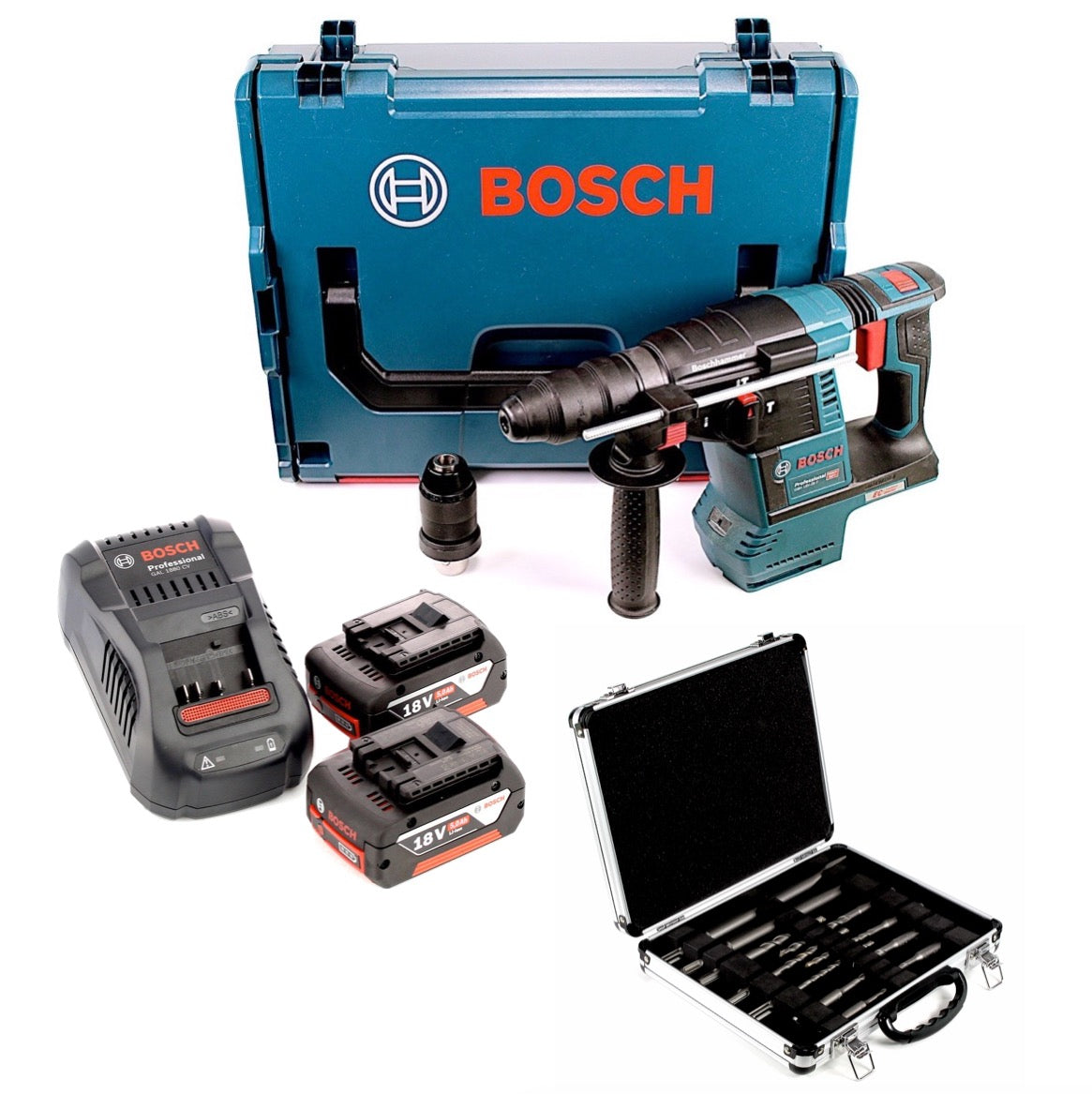 Bosch GBH 18V-26 F Akku Bohrhammer brushless SDS-Plus 18V 2,6J + 2x Akkus 5,0Ah + Ladegerät # 11-tlg. Meißel und Bohrer Set in L-Boxx - Toolbrothers