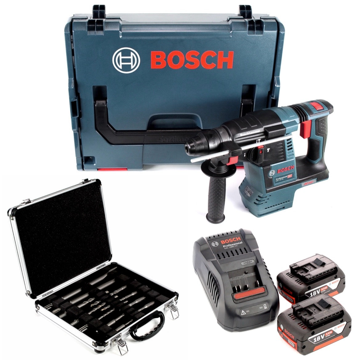 Bosch GBH 18 V-26 18 V Li-Ion Akku Bohrhammer Professional SDS-Plus ( 0611909001 ) + 2x Akku 5,0Ah + Ladegerät + 11 tlg. Bohrer- und Meißelset + L-Boxx - Toolbrothers