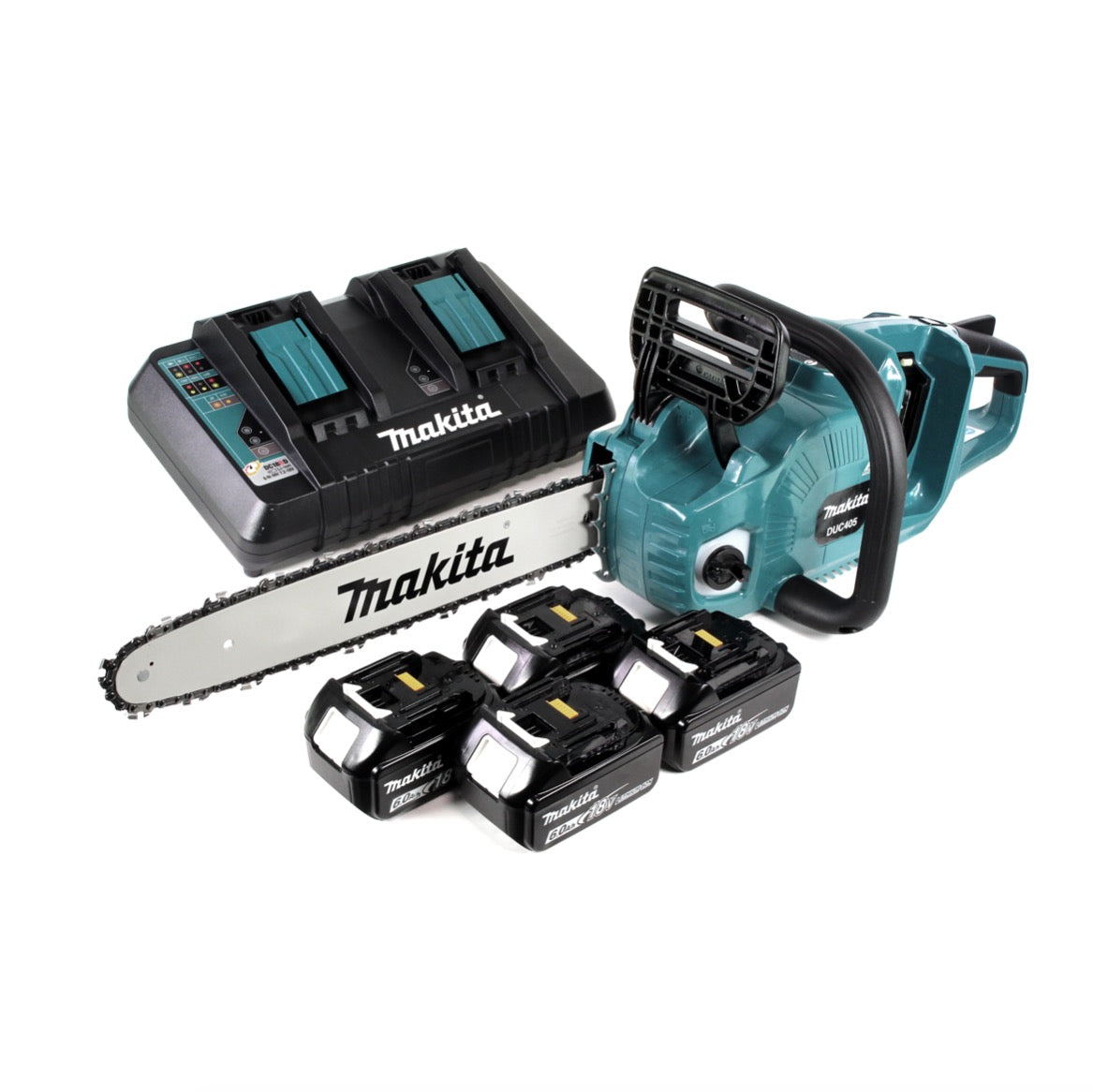 Makita DUC 405 PG4 Akku Kettensäge 36V ( 2x18V ) Brushless 40 cm + 4x 6,0 Ah Akku + Doppelladegerät - Toolbrothers