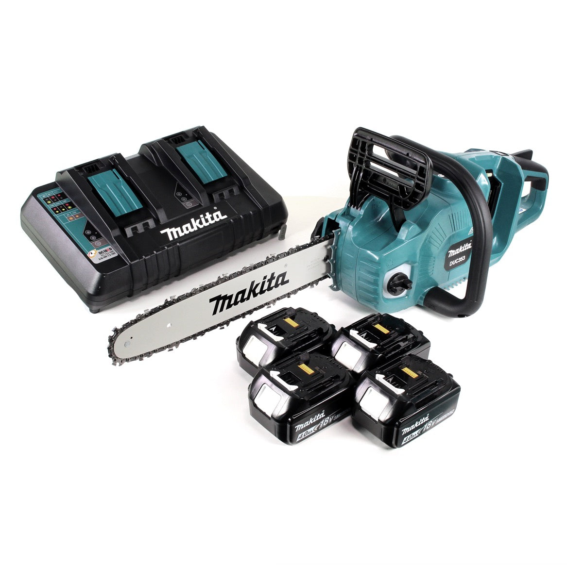 Makita DUC 353 PM4 Akku Kettensäge 36V ( 2x18V ) Brushless 35 cm + 4x 4,0 Ah Akku + Doppelladegerät - Toolbrothers