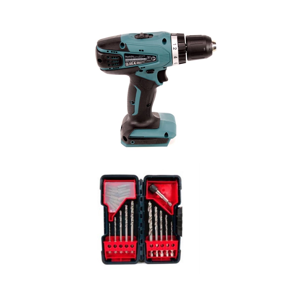 Makita DF 347 DWE 14.4V Li-ion Akku Bohrschrauber mit 2 x 1,5 Ah Akku und Ladegerät + Bosch Bit und Bohrer Set in Tough Box 23 teilig Bohren & Schrauben ( 2607019912 ) - Toolbrothers