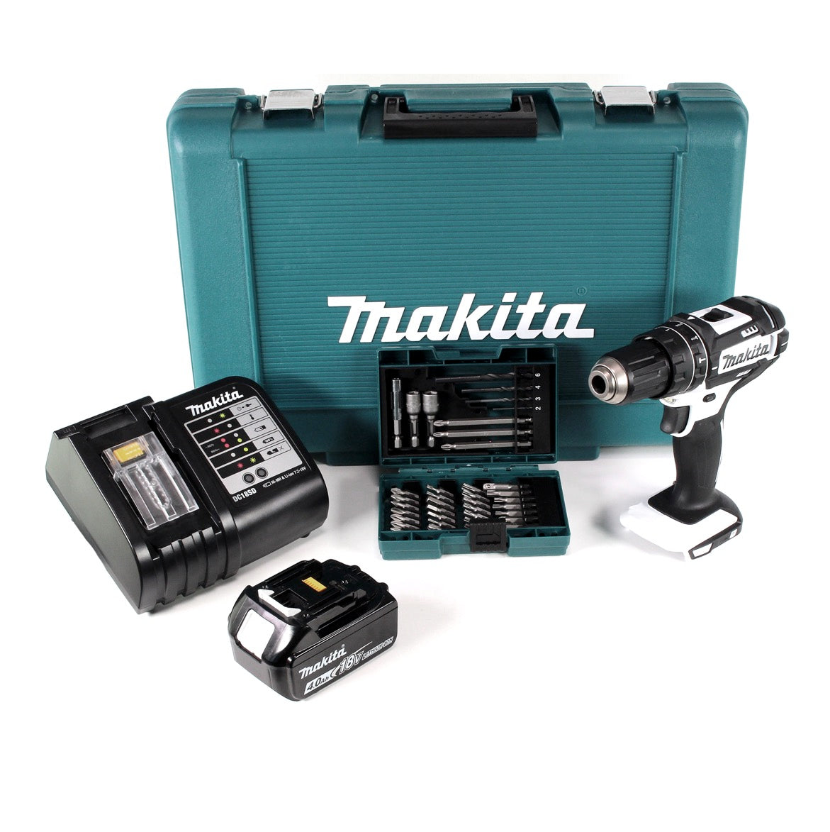 Makita DHP 482 ST1 W Akku Schlagbohrschrauber 18 V 62Nm im Transportkoffer + 5,0 Ah Akku + Ladegerät + 38 tlg. Bit- & Bohrer Set - Toolbrothers