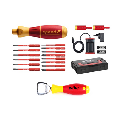 Wiha speedE® Set 2 elektrischer Schraubendreher - 80 Jahre Jubiläumsedition + 2x Akkus, Lader, SlimBit Box (590T102J) + Wiha Flaschenöffner (9872) - Toolbrothers