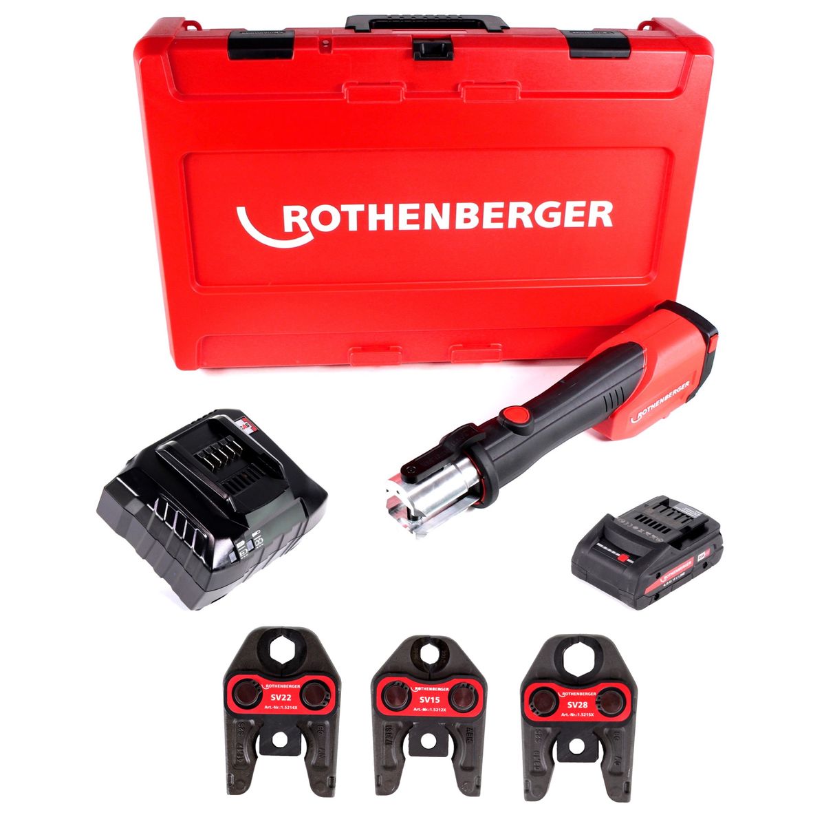 Rothenberger ROMAX 4000 Set SV15-22-28mm Akku Pressmaschine + 1x Akku 4,0Ah + Ladegerät + Pressbacken + Koffer ( 1000001924 ) - Toolbrothers