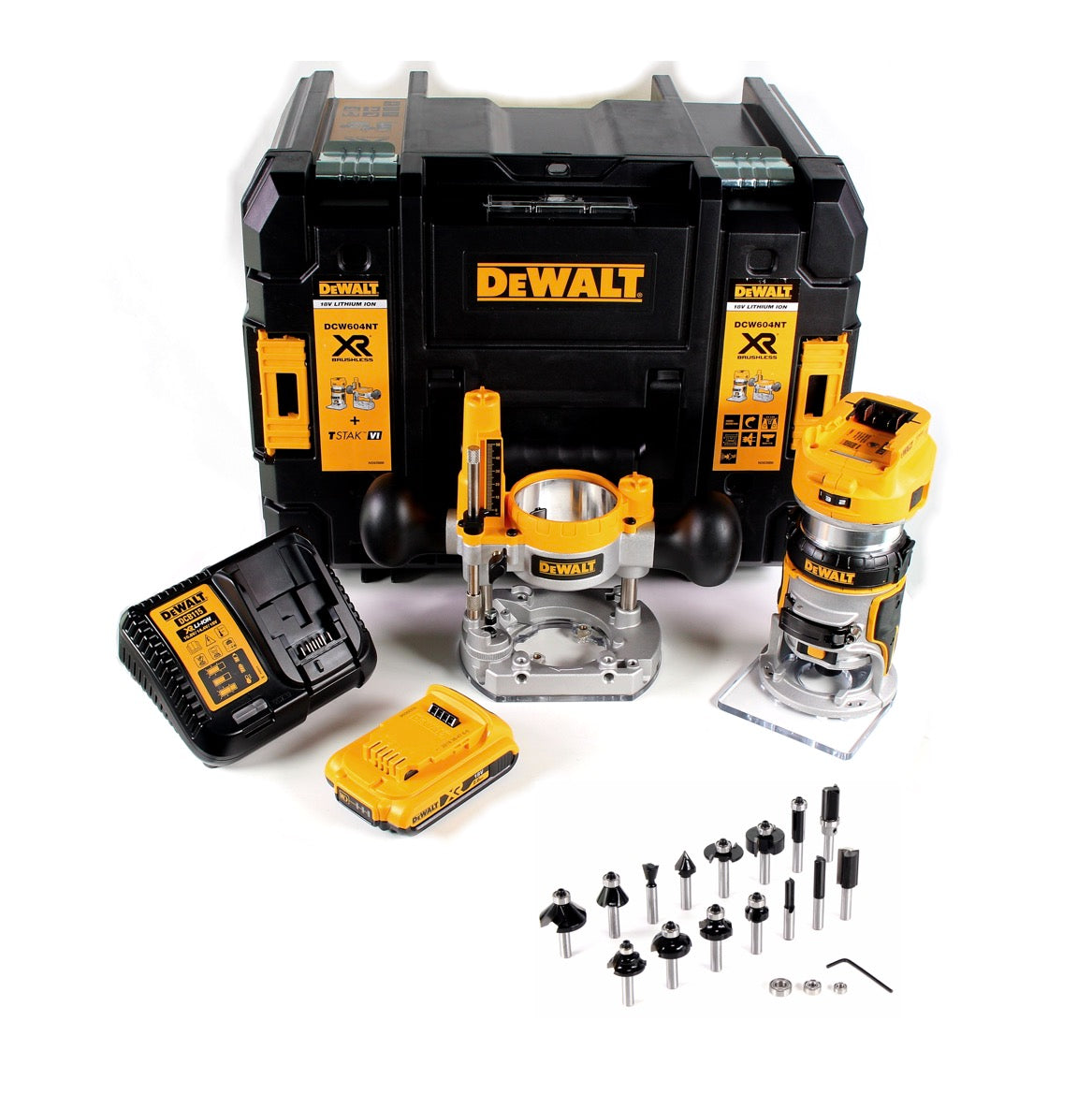 DeWalt DCW 604 D1 Akku Kombifräse 18V 55mm + 1x Akku 2,0 Ah + 1x Schnellladegerät + Bosch 18 teiliges Fräser Set in TSTAK - Toolbrothers