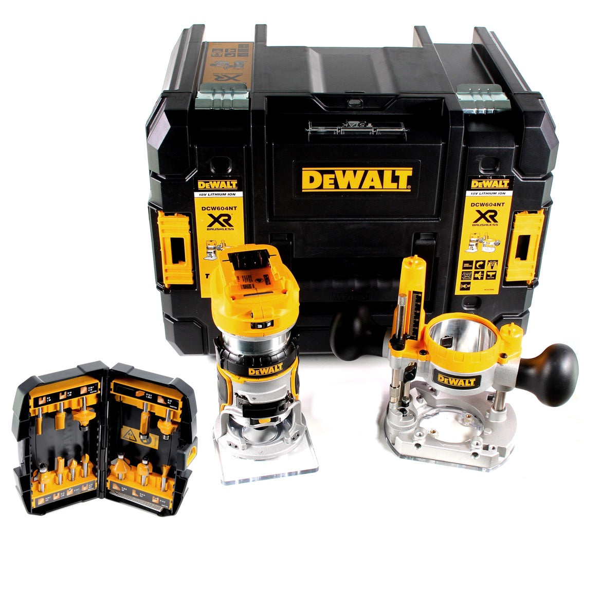 DeWalt DCW 604 NT Akku Kombifräse 18V 55mm + Fräser Set 12 tlg. in TSTAK - ohne Akku und Ladegerät - Toolbrothers