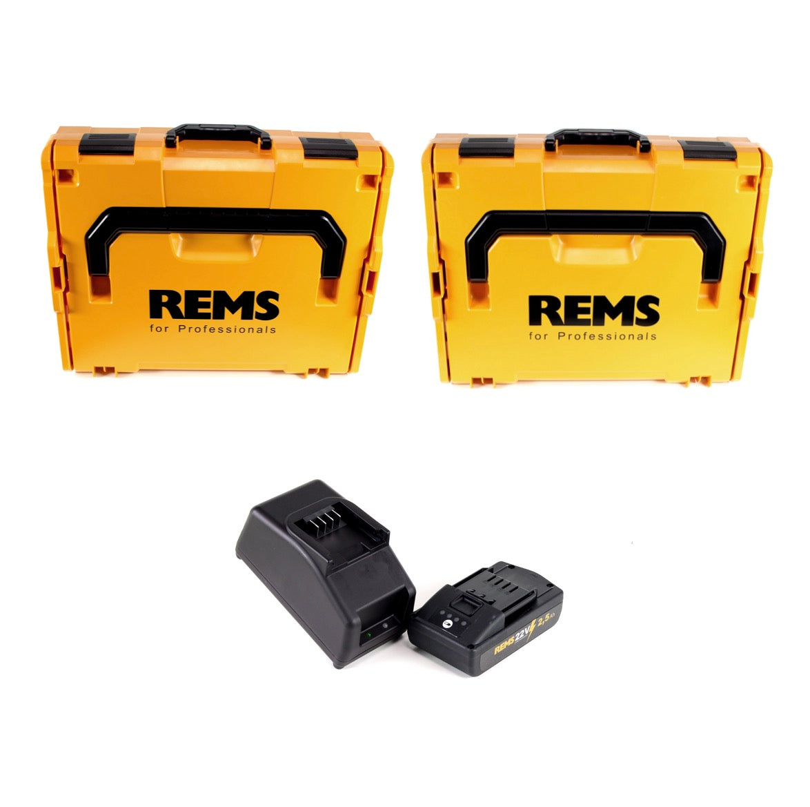 REMS Akku-Press 22V ACC + 1x Akku 2,5Ah + Schnellladegerät + Pressbacken Presszangen Standard Set M15,18,22,28 in 2 L-Boxxen - Toolbrothers