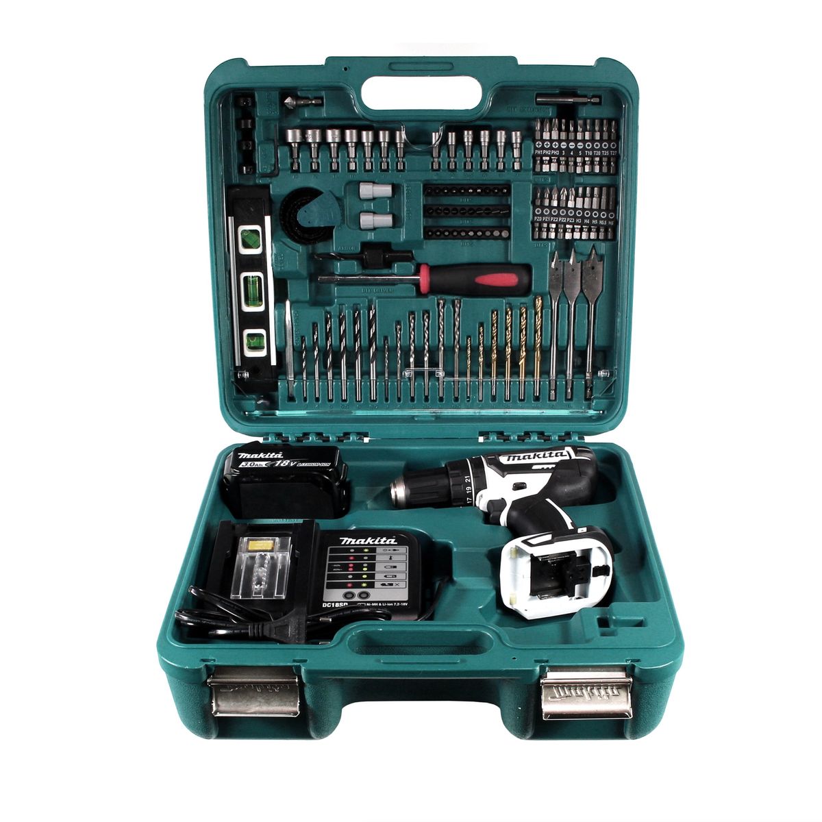 Makita DHP 482 SFTK W Akku Schlagbohrschrauber 18 V 62Nm + 3,0 Ah Akku + Ladegerät + 101 tlg. Werkzeugset im Koffer - Toolbrothers