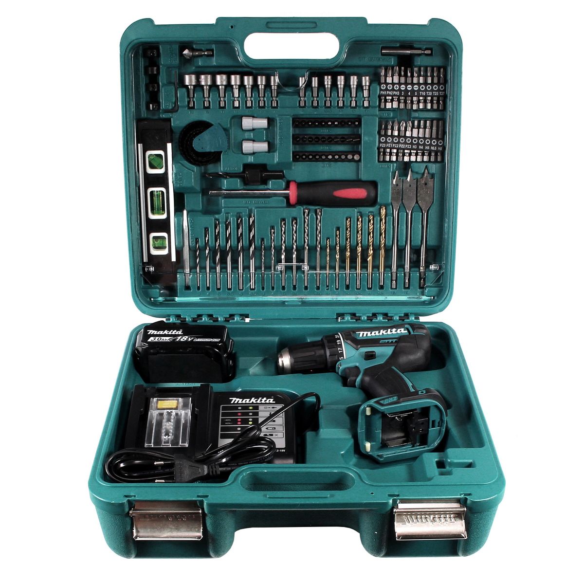 Makita DDF 482 SFTK Akku Bohrschrauber 18 V 62Nm + 3,0 Ah Akku + Ladegerät + 101 tlg. Werkzeugset im Koffer - Toolbrothers