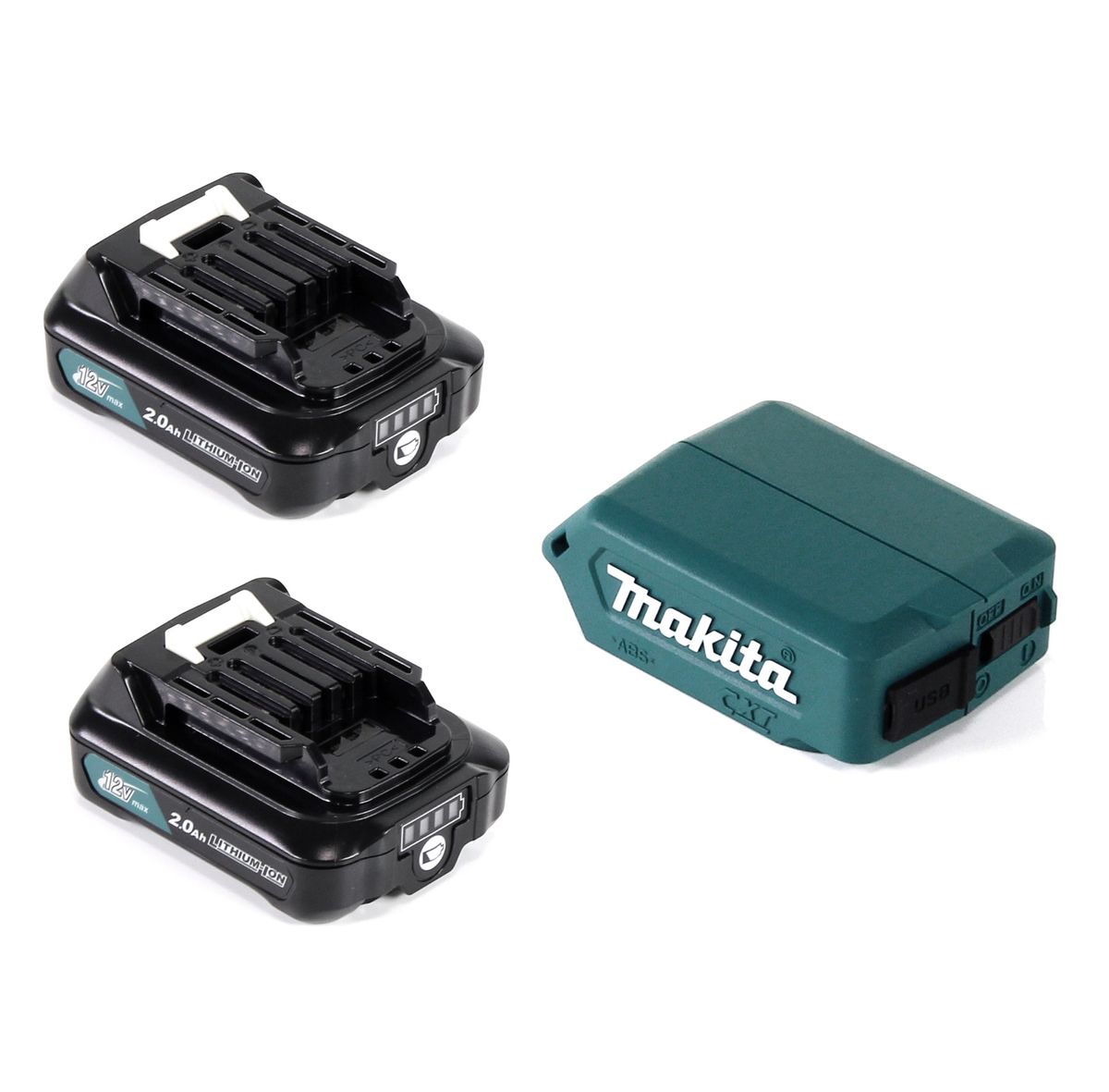 Makita DEAADP08 WA USB Adapter für 10,8V-12V Akkus + 2x 2,0 Ah Akku ( 197396-9 ) + Lader ( 197343-0 ) - Toolbrothers