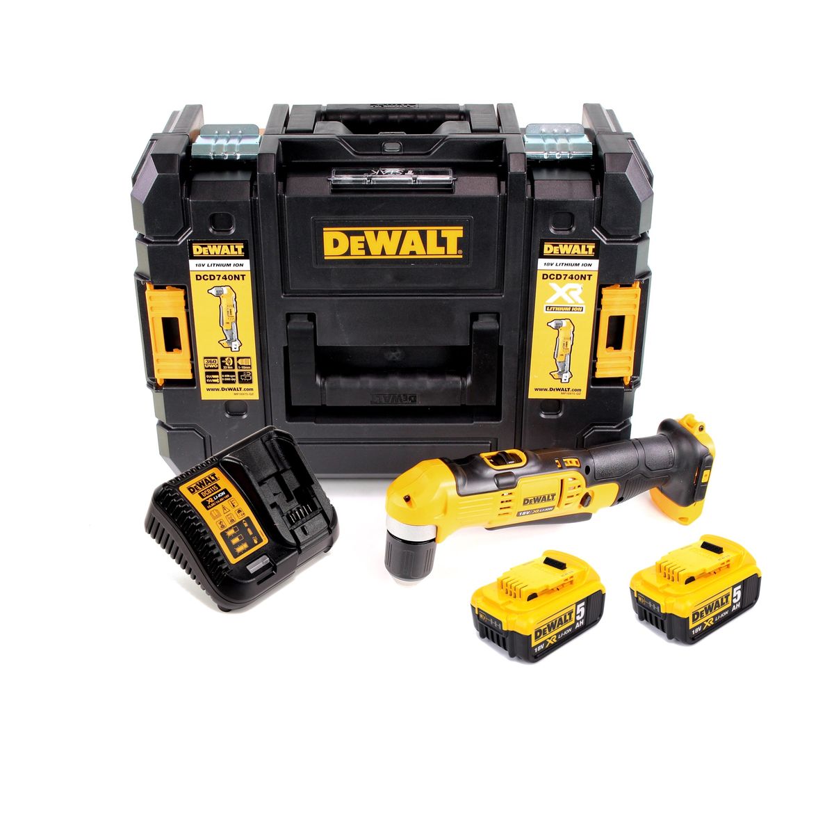 Dewalt DCD 740 L2 18V 33Nm Akku Winkelbohrmaschine + 2x Akku 3,0Ah + Schnelladegerät + TSTAK - Toolbrothers