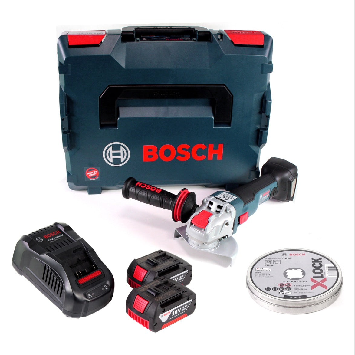 Bosch GWX 18V-10 C Akku Winkelschleifer 18V 125mm brushless X-LOCK+ 2x Akku 3,0Ah + Ladegerät + 10x Trennscheiben X-LOCK 125x22,23mm for Inox + L-BOXX - Toolbrothers