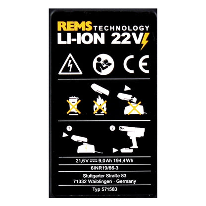 REMS Akku Li-Ion 21,6V (22V max) 9,0Ah ( 571583 R22 ) - Toolbrothers