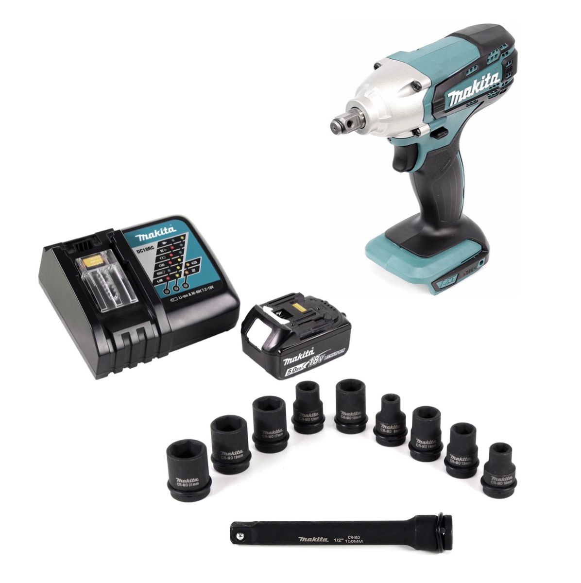 Makita DTW 190 RT1 18V Akku Schlagschrauber 190Nm 1/2" + 1x Akku 5,0Ah + Schnellladegerät + 9 tlg. Stecknuss-Set + Verlängerung 150mm - Toolbrothers