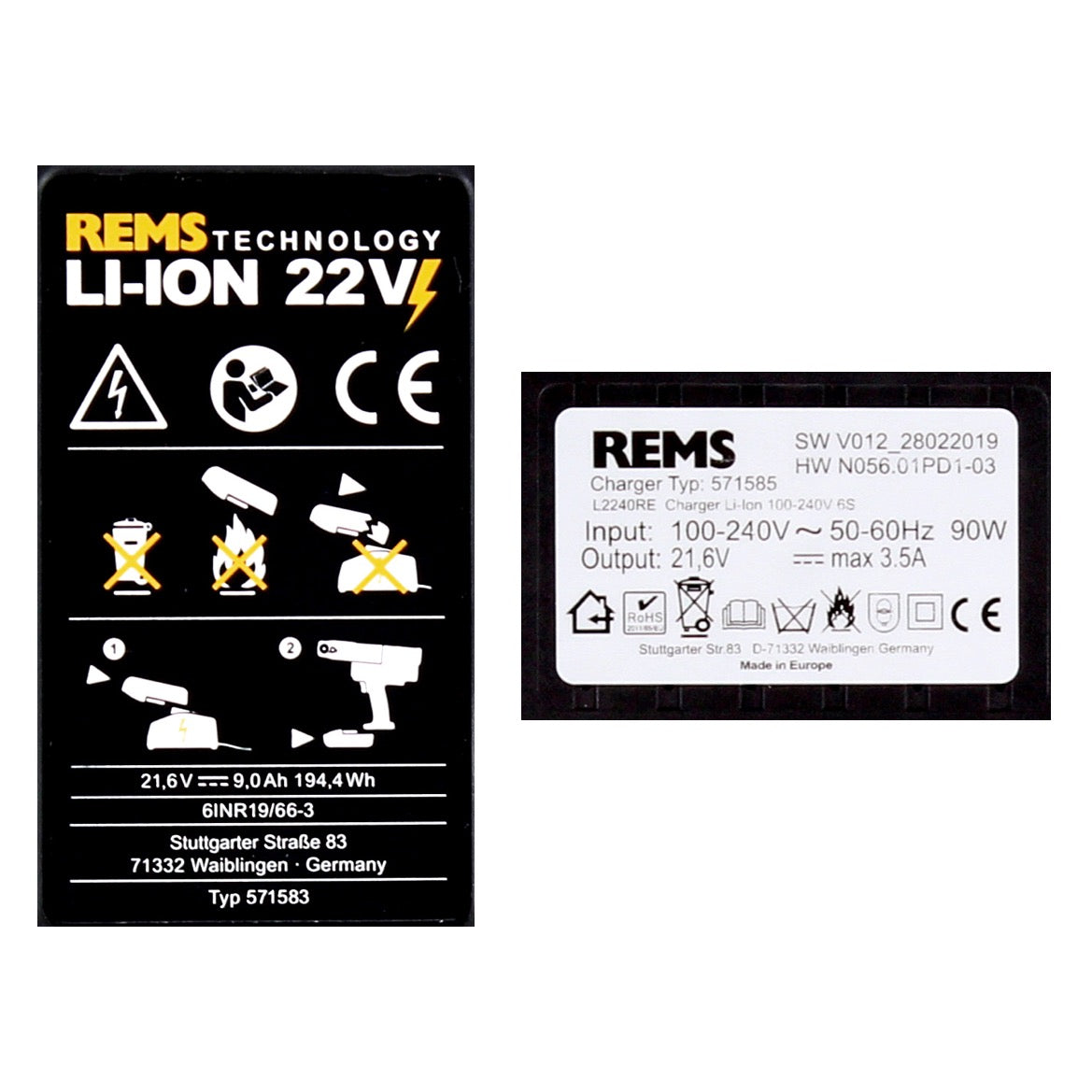 REMS Akku Set Power Pack 21,6V (22V max) mit 1x Akku 9,0Ah ( 571583 R22 ) + Ladegerät 90W ( 571585  R220 ) - Toolbrothers