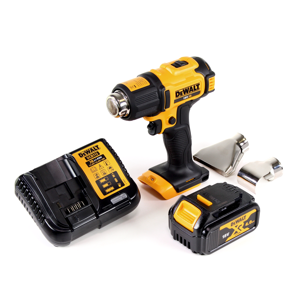 DeWalt DCE 530 M1 Akku Heißluftpistole 18V 530°C + 1x Akku 4,0Ah + 1x Lader + Flächen- und Reflektordüse - Toolbrothers