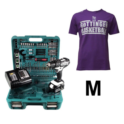 Makita DHP 482 SFTK W Veilchen FAN Paket Akku Schlagbohrschrauber 18 V 62Nm + 1x Akku 3,0Ah + Ladegerät + 101tlg. Werkzeugset + BG74 Veilchen T-Shirt Größe M - Toolbrothers