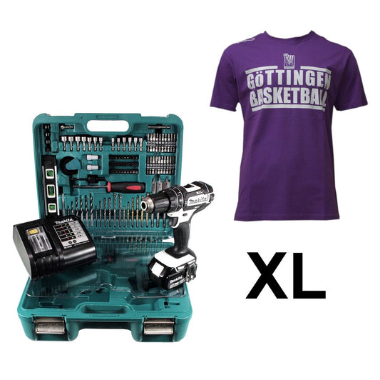 Makita DHP 482 SFTK W Veilchen FAN Paket Akku Schlagbohrschrauber 18 V 62Nm + 1x Akku 3,0Ah + Ladegerät + 101tlg. Werkzeugset + BG74 Veilchen T-Shirt Größe XL - Toolbrothers