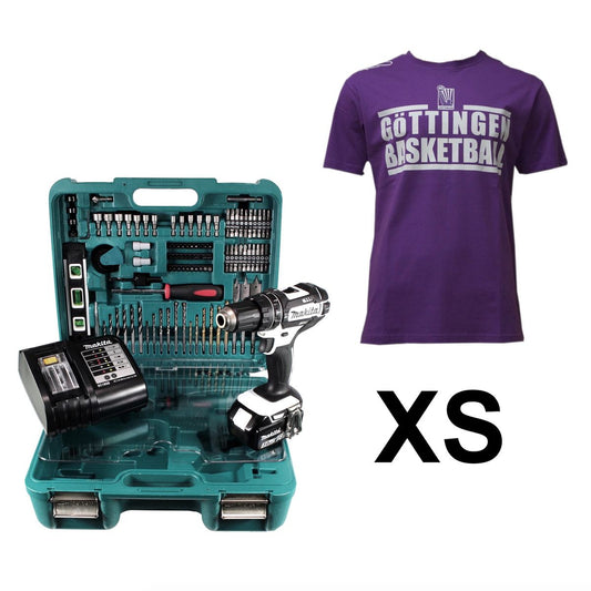 Makita DHP 482 SFTK W Veilchen FAN Paket Akku Schlagbohrschrauber 18 V 62Nm + 1x Akku 3,0Ah + Ladegerät + 101tlg. Werkzeugset + BG74 Veilchen T-Shirt Größe XS - Toolbrothers