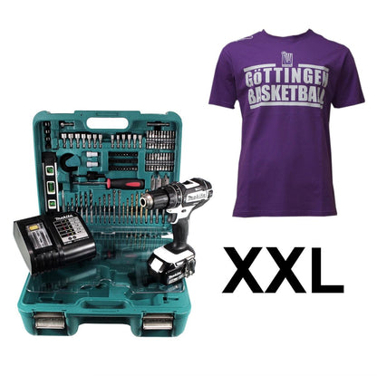 Makita DHP 482 SFTK W Veilchen FAN Paket Akku Schlagbohrschrauber 18 V 62Nm + 1x Akku 3,0Ah + Ladegerät + 101tlg. Werkzeugset + BG74 Veilchen T-Shirt Größe XXL - Toolbrothers