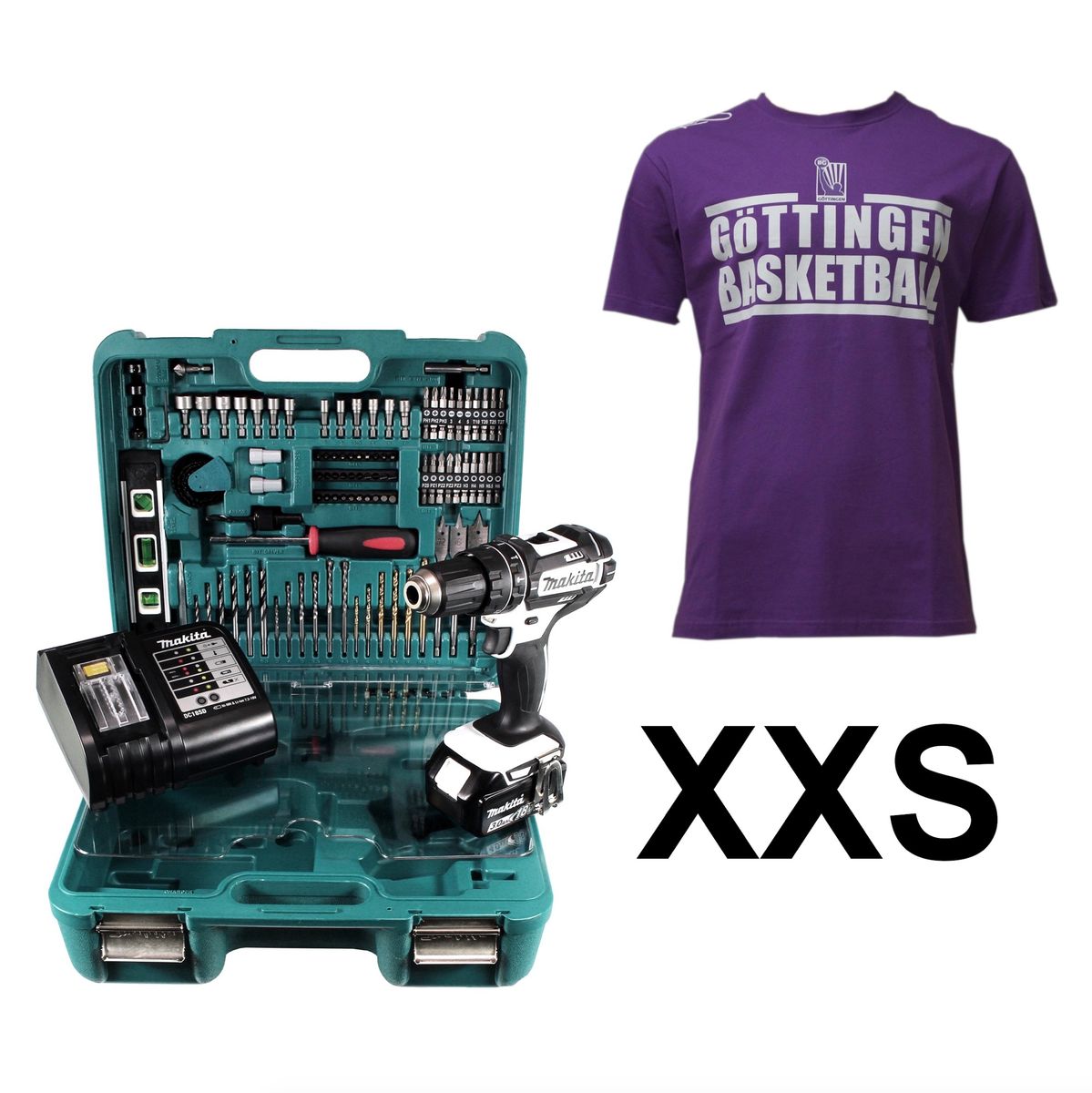 Makita DHP 482 SFTK W Veilchen FAN Paket Akku Schlagbohrschrauber 18 V 62Nm + 1x Akku 3,0Ah + Ladegerät + 101tlg. Werkzeugset + BG74 Veilchen T-Shirt Größe XXS - Toolbrothers