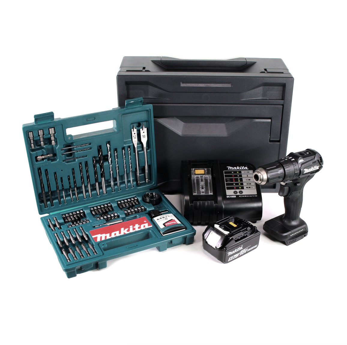 Makita DHP 483 STX B Akku Schlagbohrschrauber 18 V 40Nm + 1x Akku 5,0Ah + Ladegerät + 100tlg. Bit Bohrer Set + Makbox - Toolbrothers