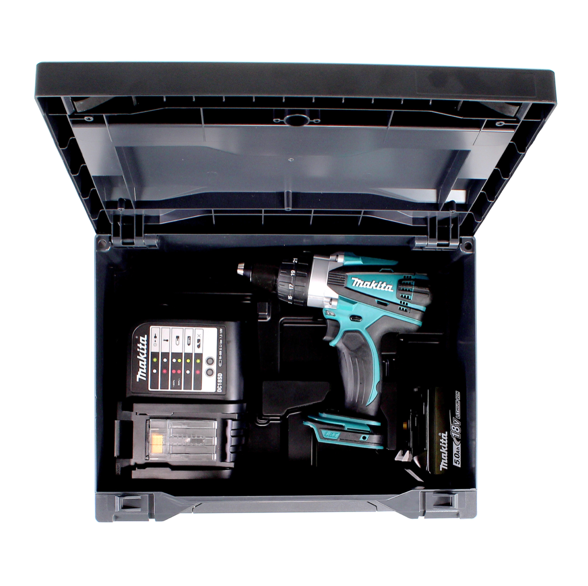 Makita DHP 458 STX Akku Schlagbohrschrauber 18 V 91Nm + 1x Akku 5,0Ah + Ladegerät + 100tlg. Bit Bohrer Set + Makbox - Toolbrothers