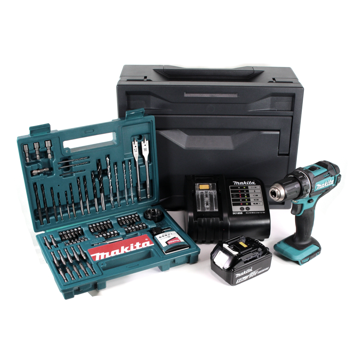 Makita DDF 482 STX Akku Bohrschrauber 18 V 62Nm + 1x Akku 5,0Ah + Ladegerät + 100tlg. Bit Bohrer Set + Makbox - Toolbrothers