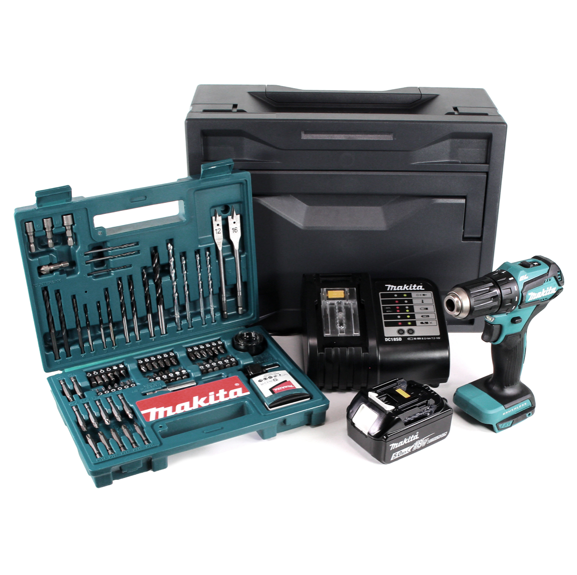 Makita DDF 483 STX Akku Bohrschrauber 18 V 40Nm 1x Akku 5,0Ah + Ladegerät + 100tlg. Bit Bohrer Set + Makbox - Toolbrothers