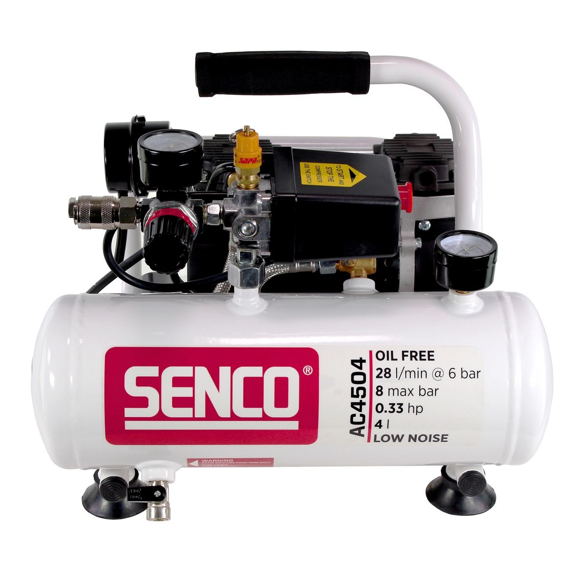 Senco AC4504 Leiselauf Kompressor ölfrei 230V 8bar 4l Volumen ( AFN0024 ) - Toolbrothers