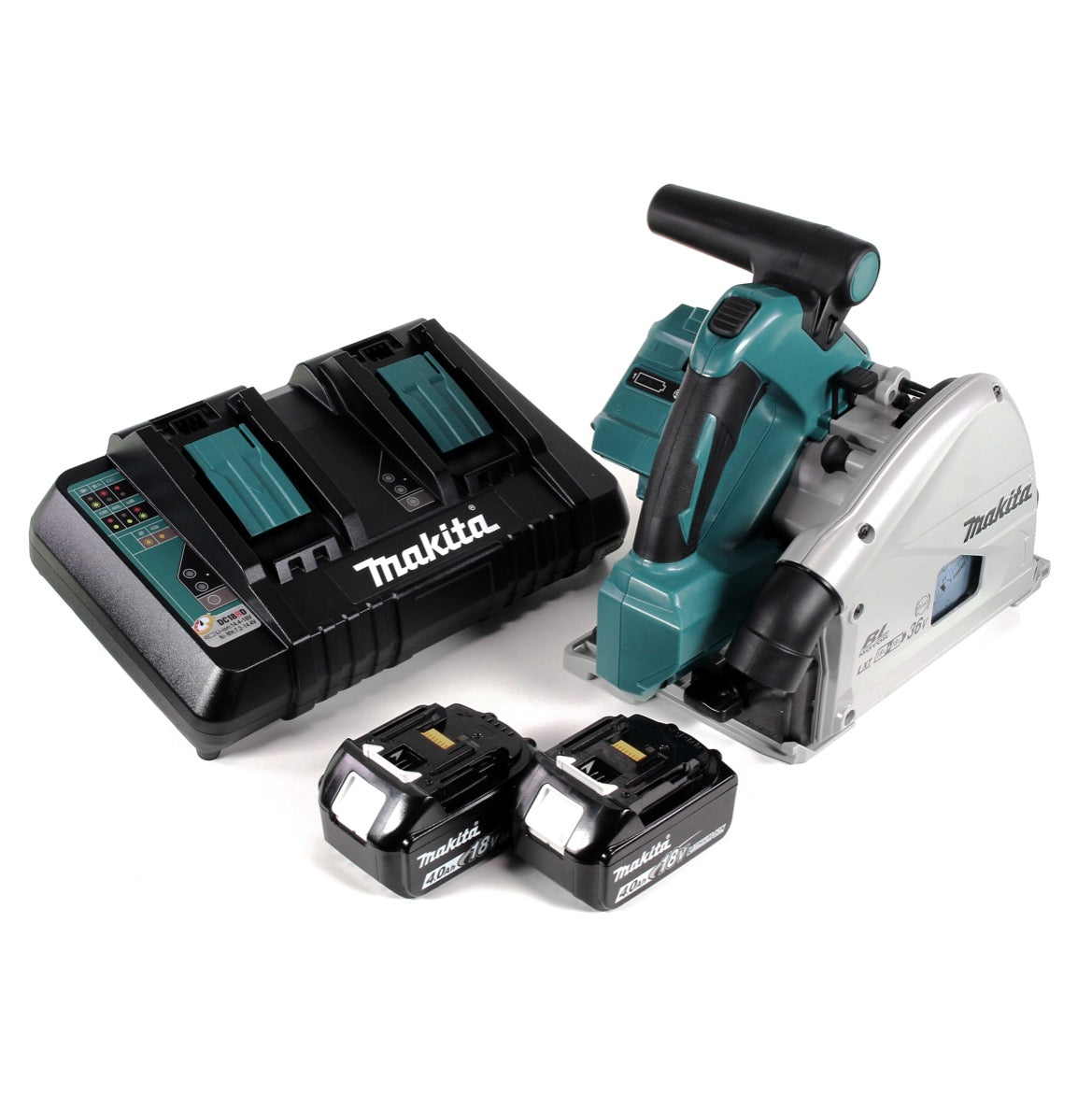 Makita DSP 600 PM Akku Tauchsäge 36V (2x18V) 165 mm Brushless + 2x Akku 4,0Ah + Doppelladegerät - Toolbrothers