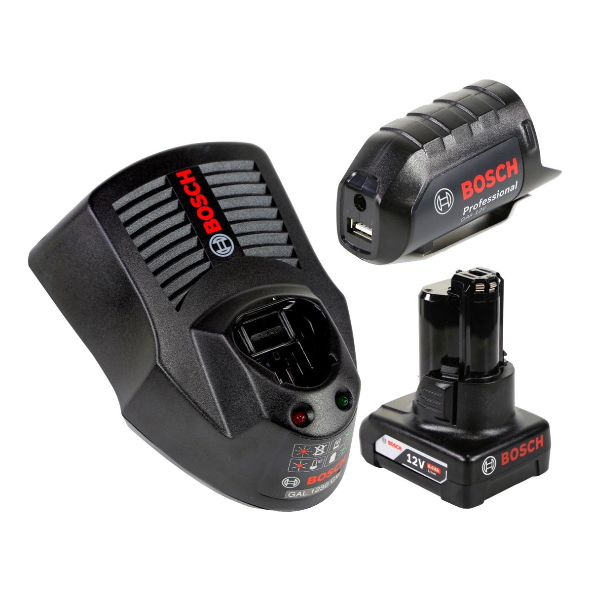 Bosch USB Power Set 12V 1x 6,0Ah Akku + Ladegerät + GAA 12V Akku USB Ladegerät Aufsatz Adapter - Toolbrothers