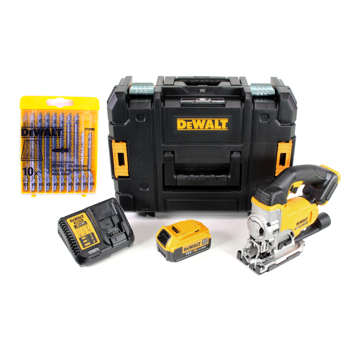 DeWalt DCS 331 M1 18V XR Akku Stichsäge + 1x Akku 4,0Ah + Ladegerät + 10tlg. Holz Stichsägeblätter + TSTAK - Toolbrothers