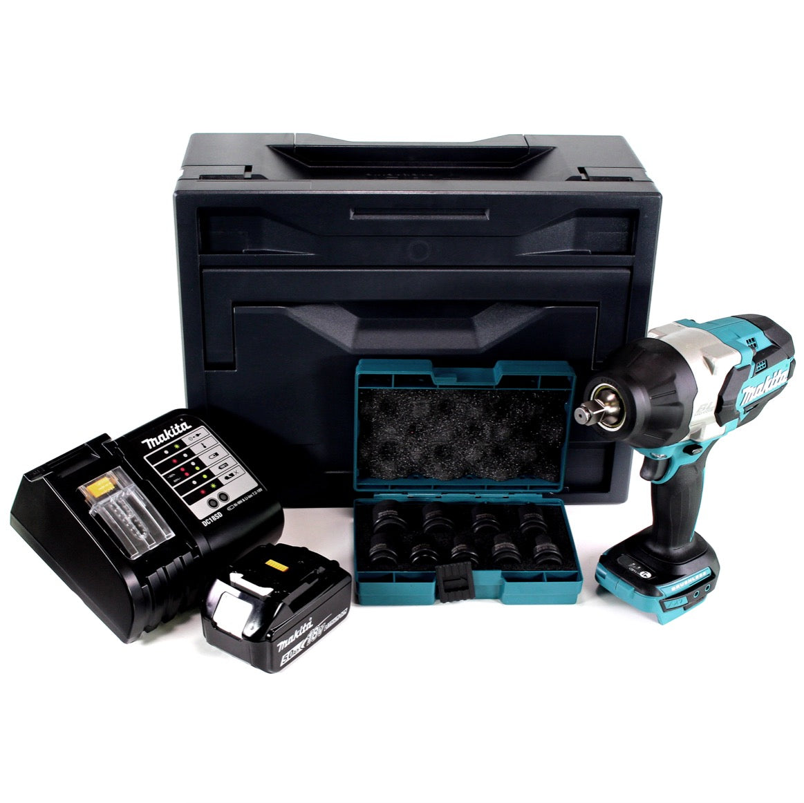 Makita DTW 1002 STX Akku Schlagschrauber 1/2“ 18V 1000Nm Brushless + 1x Akku 5,0Ah + Ladegerät + 9tlg. Steckschlüssel Set + Makbox - Toolbrothers