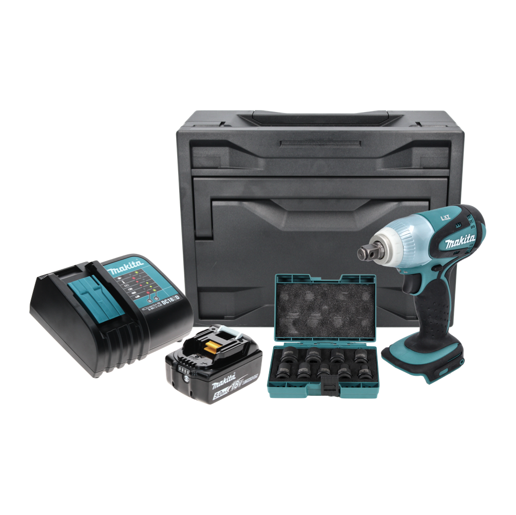 Makita DTW 251 ST1X Akku Schlagschrauber 18 V 230 Nm 1/2" + 1x Akku 5,0 Ah + Ladegerät + 9 tlg. Steckschlüssel Set + Makbox - Toolbrothers