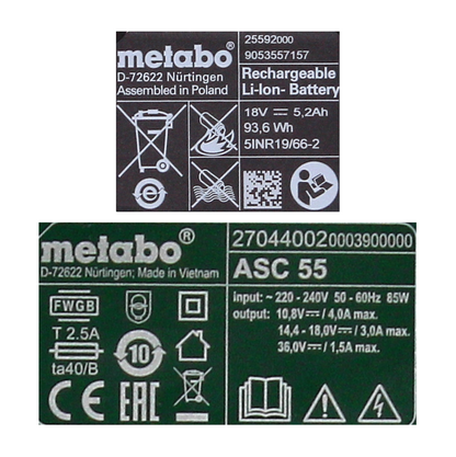 Metabo Akku Basis Set 18V mit 1x Akku 5,2Ah ( 625592000 ) + Ladegerät ASC 55 ( 627044000 ) - Toolbrothers